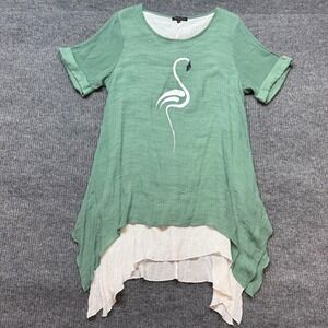 Caroline Morgan Sage Flamingo Tunic Top‎ 18 Lagenlook Oversized Boho Artsy
